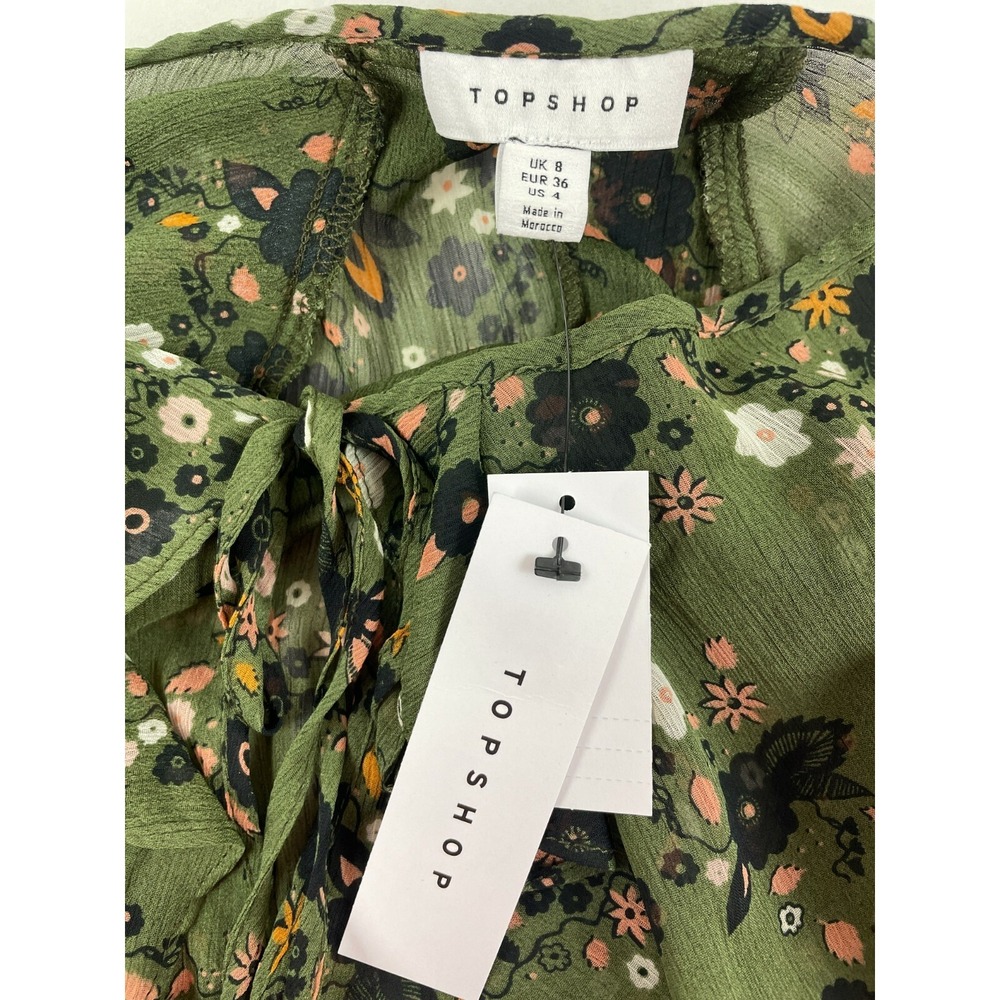 Topshop Blouse Women's Size 4 Green Floral Ruffles Long Sleeve Sheer Soft Top - Picture 8 of 11
